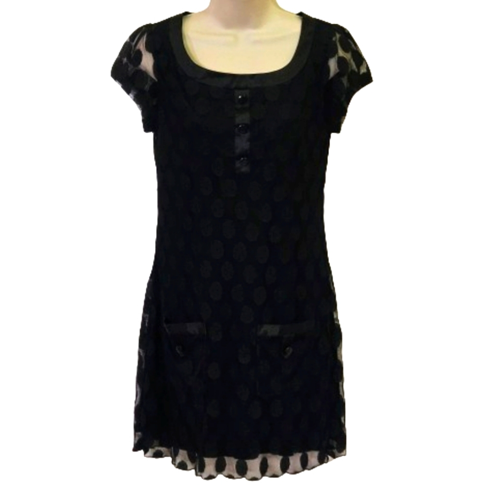 EN FOCUS Black Vintage Polka Dot Mesh Overlay Short Sleeve Mini Dress, Size 6P
